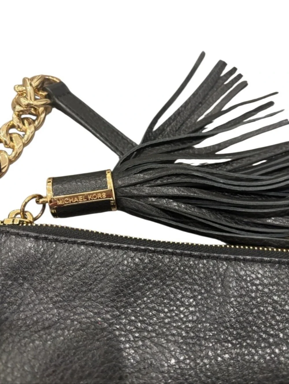 Michael Kors Black Pebbled Leather Shoulder Bag with Gold Chain and Tassel